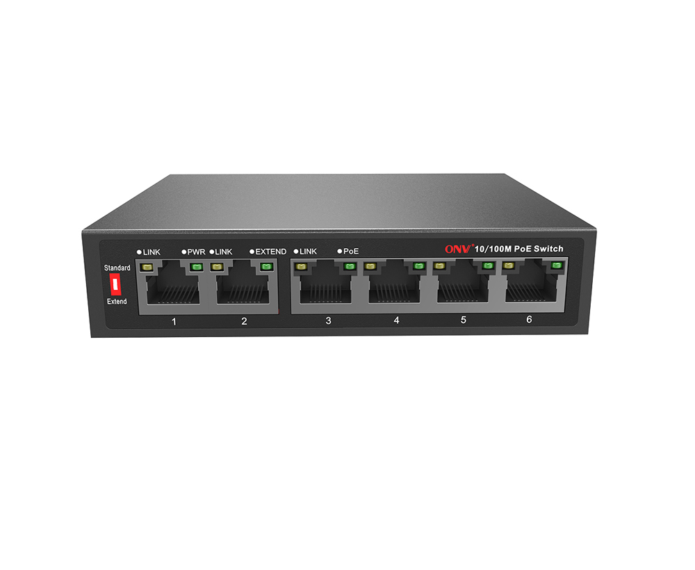 Transmissão 10M/250 metros 10/100M Interruptor PoE de 6 portas
